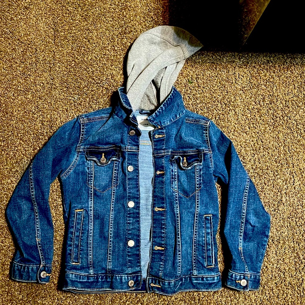 Boys Jean jacket with hood size 10-12 wore a few  times